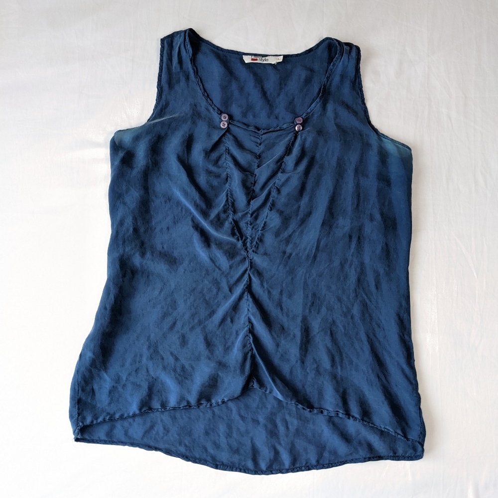 Navy Blue Sleeveless 100% Silk Top Hi lo Hem
